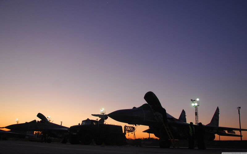 Military Jets on Tarmac — Purple