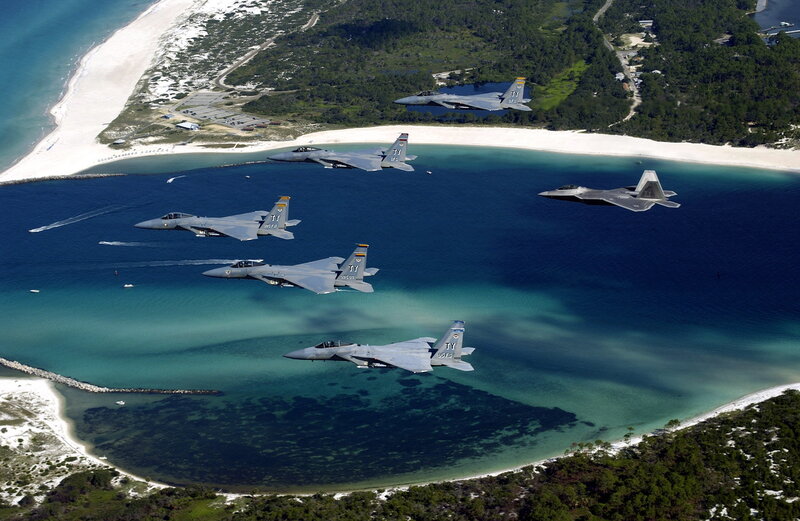 Military jets over coastal waters