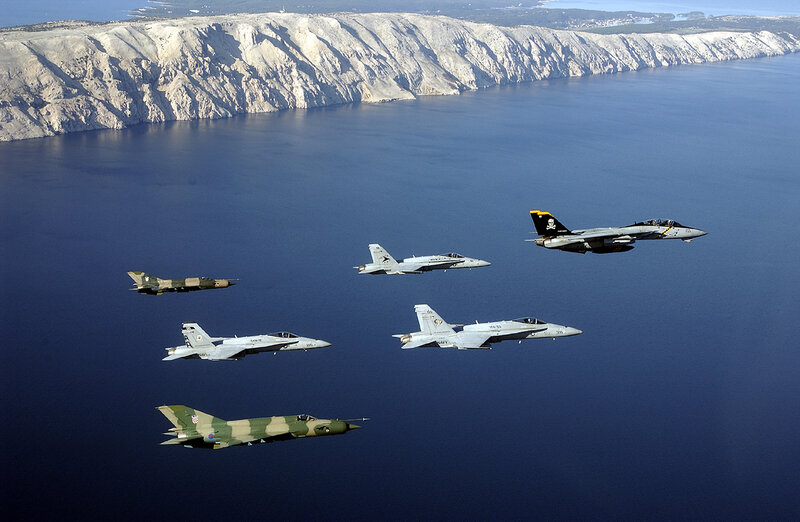 Military jets over coastal waters