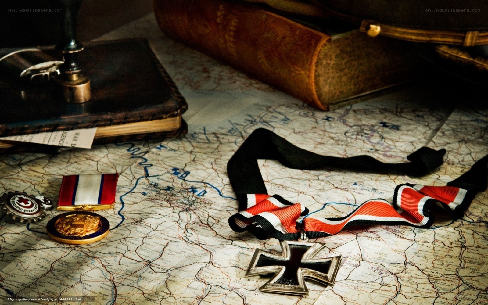 Military medals on a map