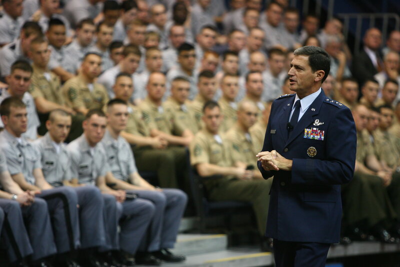 Military officer speaking to cadets