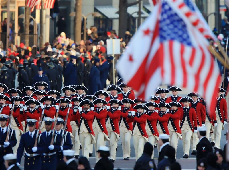 Military parade with American flags