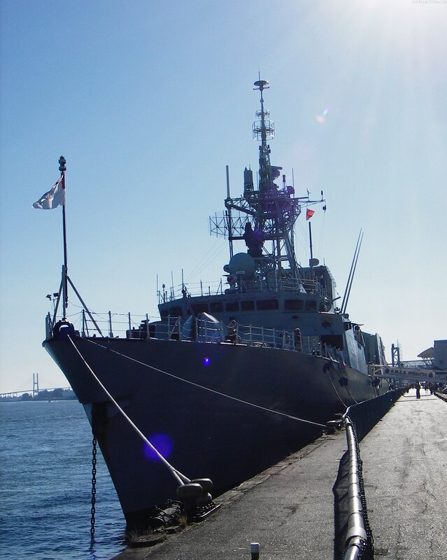 Military Ship at Dock — Blue