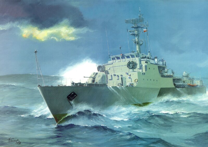 Military Ship at Sea — Blue, Dramatic, Painting