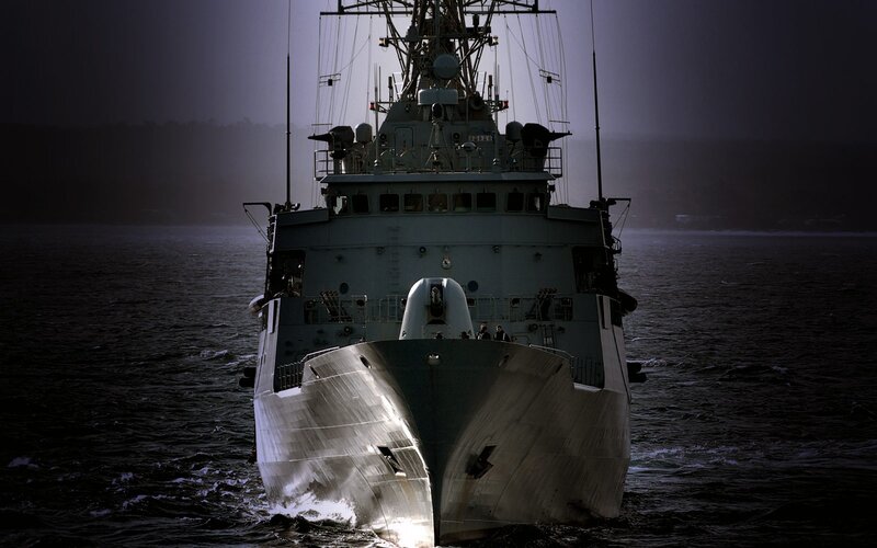 Military Ship at Sea — Gray, Dramatic