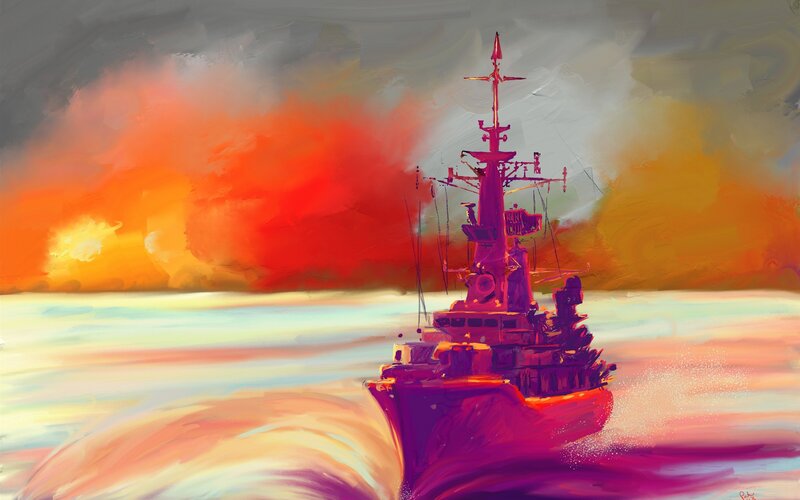 Military Ship at Sea — Red