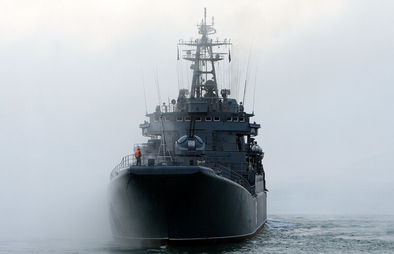 Military Ship in Fog — Gray