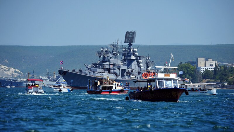 Military Ship in Harbor — Blue, Calm