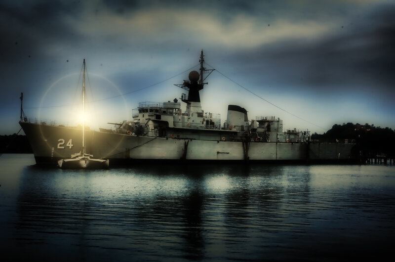 Military Ship in Harbor — Blue, Dramatic, Night