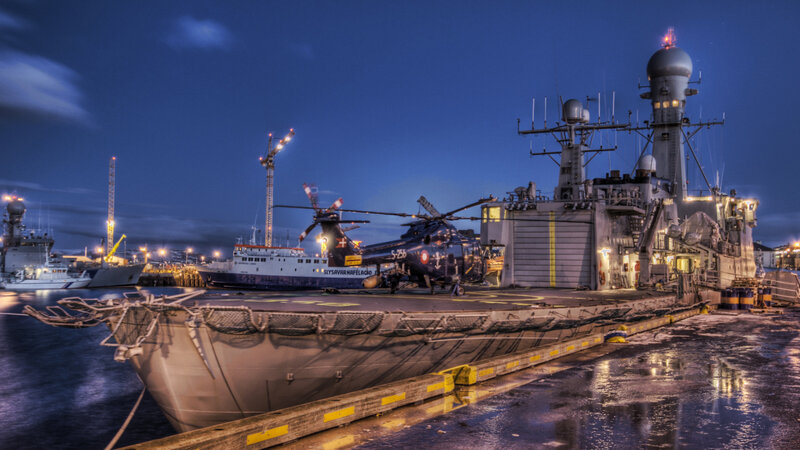 Military Ship in Harbor — Blue, Dramatic