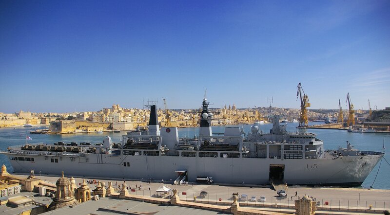 Military Ship in Harbor — Blue, Serene, Afternoon