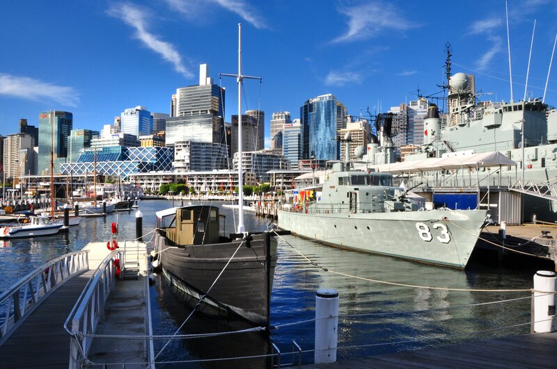 Military Ship in Harbor — Blue, Serene