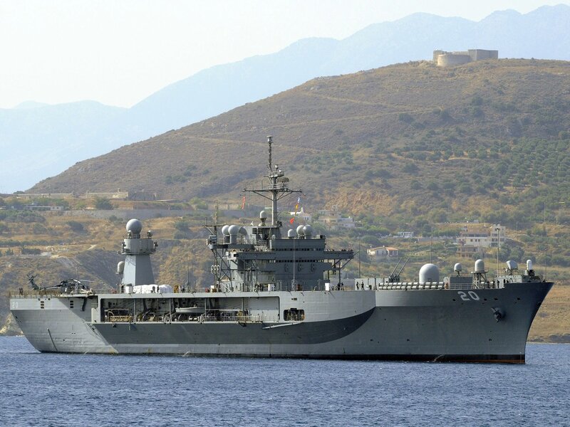 Military Ship in Harbor — Gray, Calm, Afternoon, Photograph, Mountain