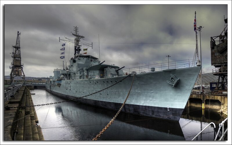 Military Ship in Harbor — Gray, Dramatic, Photograph