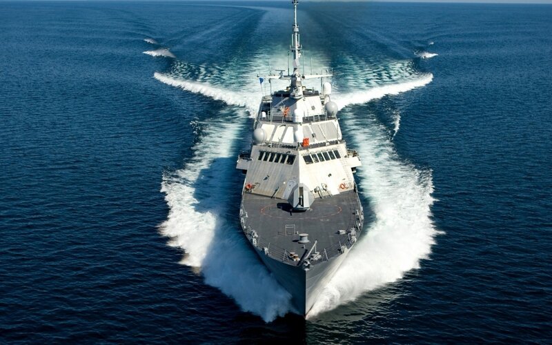 Military Ship in Ocean — Blue