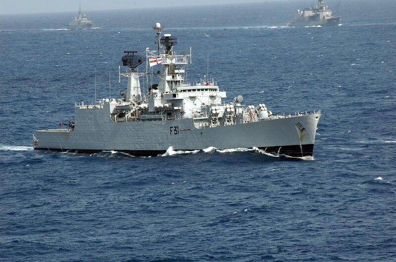 Military Ships at Sea — Blue, Calm, Photograph, Ocean