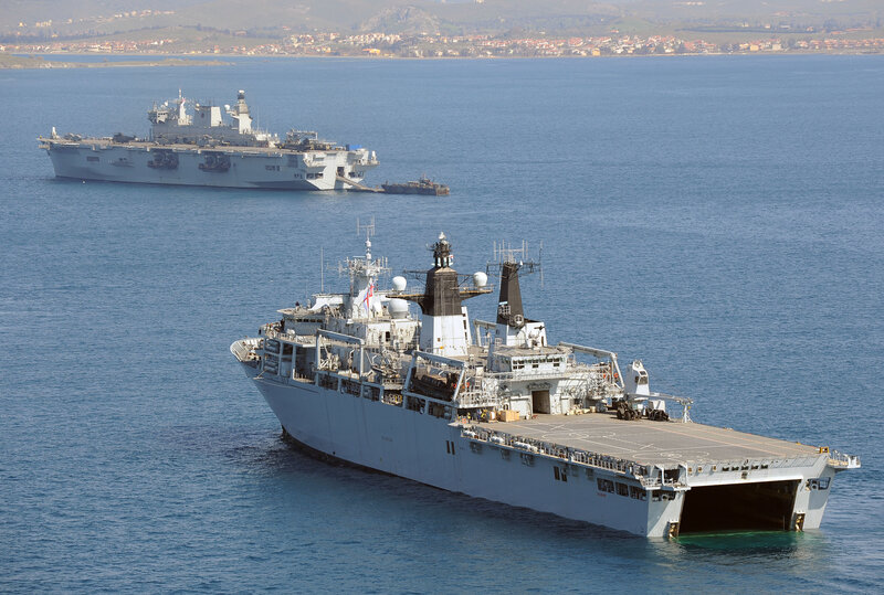 Military ships in a harbor