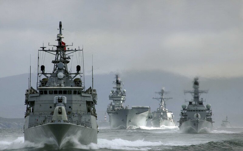 Military Ships in Formation — Gray, Dramatic