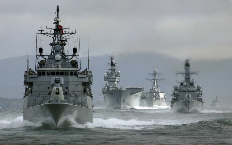 Military Ships in Formation — Gray