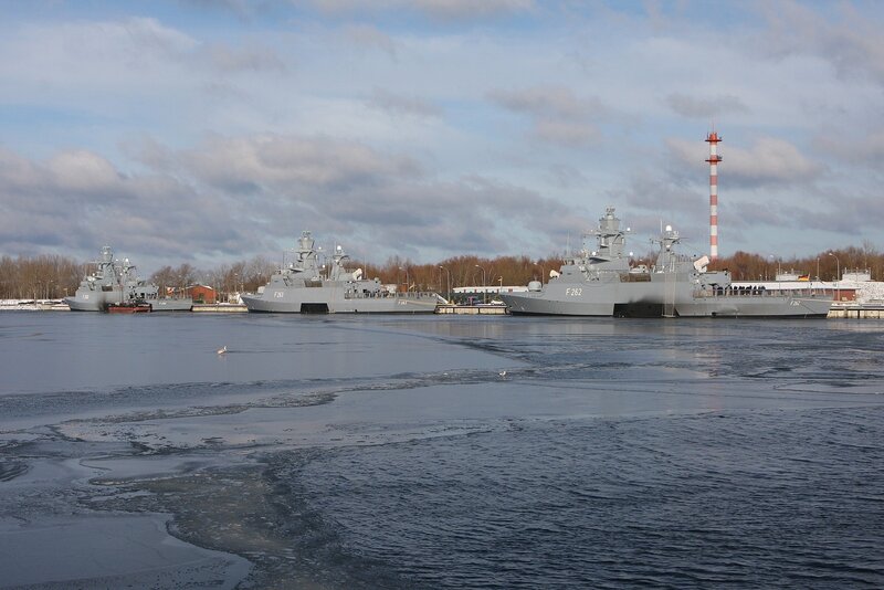Military Ships in Harbor — Gray, Calm