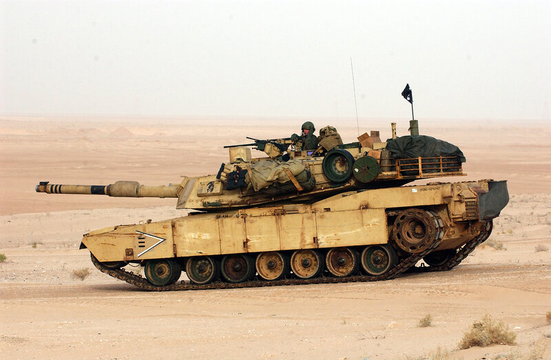 Military Tank in Desert — Tan, Dusty, Photograph