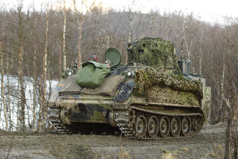 Military tank in forest camouflage