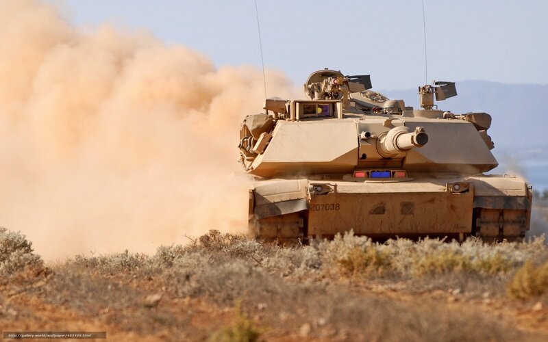 Military Tank in Motion — Tan, Dramatic