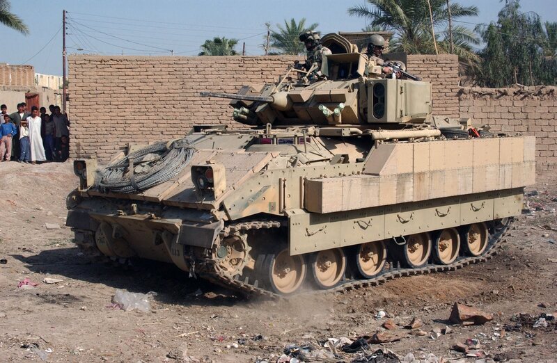 Military tank in urban area