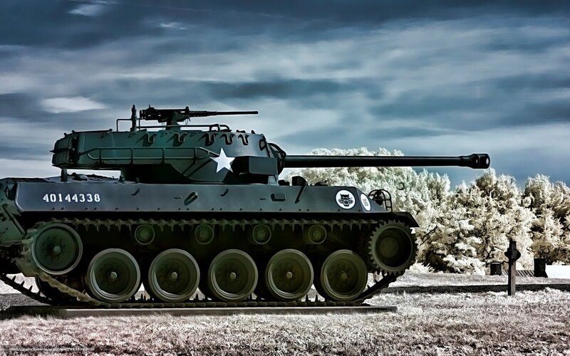Military Tank on Display — Green, Dramatic