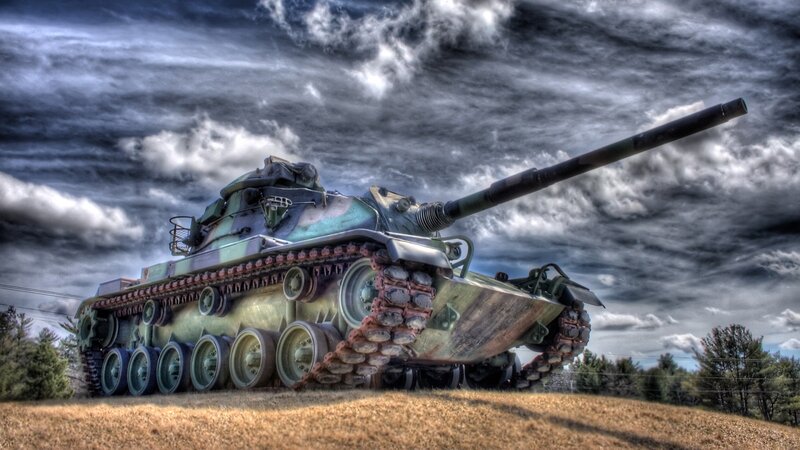 Military Tank on Hill — Green, Dramatic, Photograph