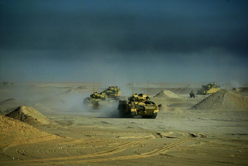 Military Tanks in Desert — Brown, Dramatic, Photograph