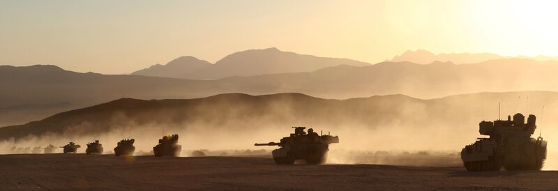 Military Tanks in Desert — Brown, Dramatic, Sunset
