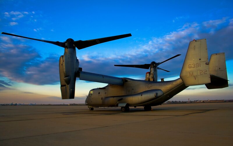Military Tiltrotor Aircraft — Blue, Dramatic, Sunset, Photograph