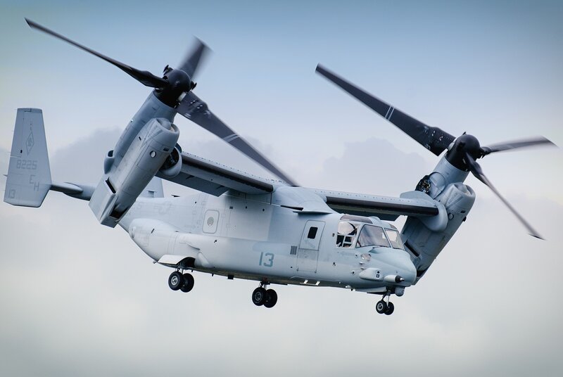 Military Tiltrotor Aircraft — Gray, Dramatic, Photograph, Propellers