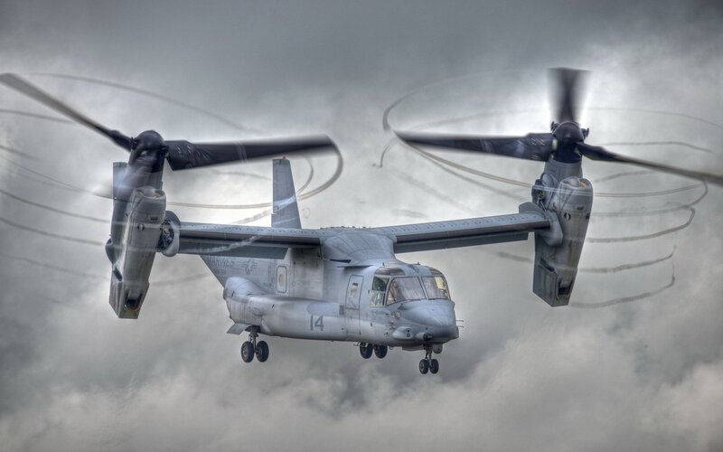 Military Tiltrotor Aircraft — Gray, Dramatic, Photograph