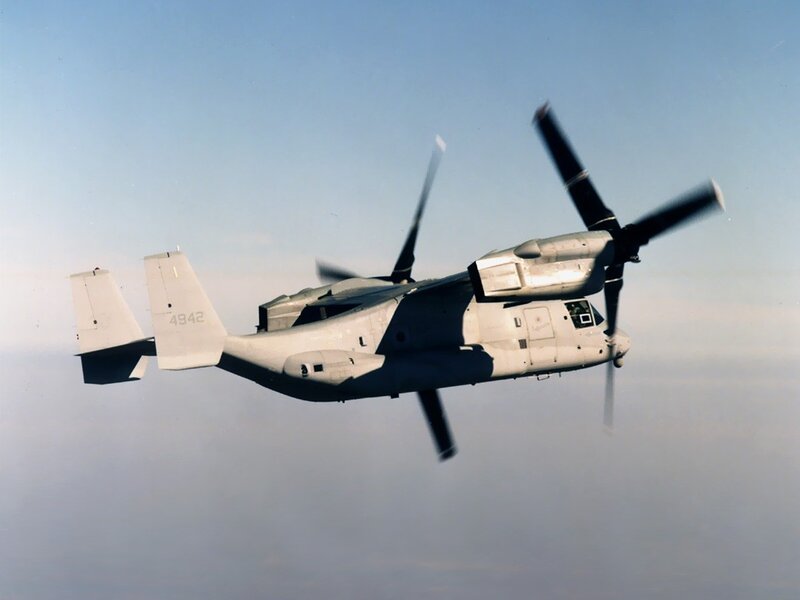 military tiltrotor aircraft in flight