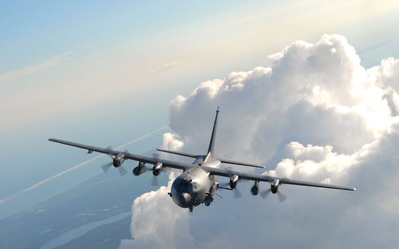 Military Transport Plane — Blue, Dramatic, Afternoon, Photograph, Clouds