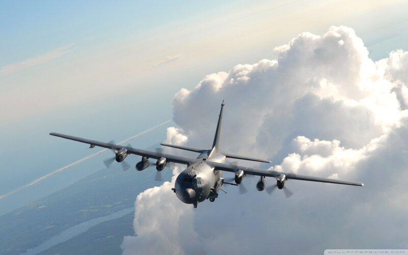 Military Transport Plane — Gray, Dramatic, Afternoon, Photograph, Clouds