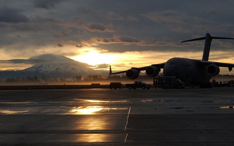 Military Transport Plane — Gray, Dramatic, Sunrise