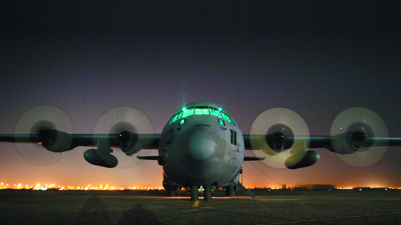 Military Transport Plane — Green, Dramatic, Night