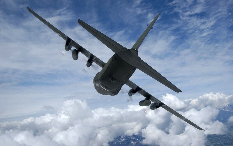 military transport plane in flight