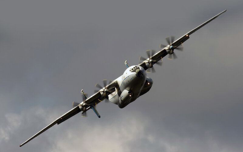 Military transport plane in flight