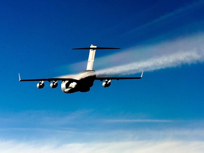 military transport plane in flight