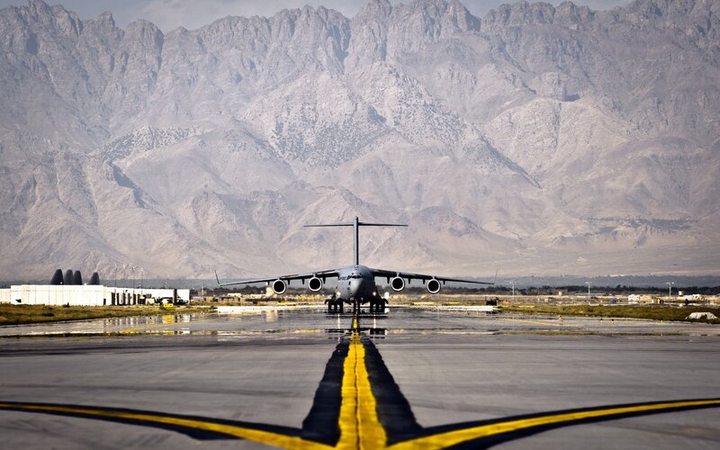 military transport plane on runway