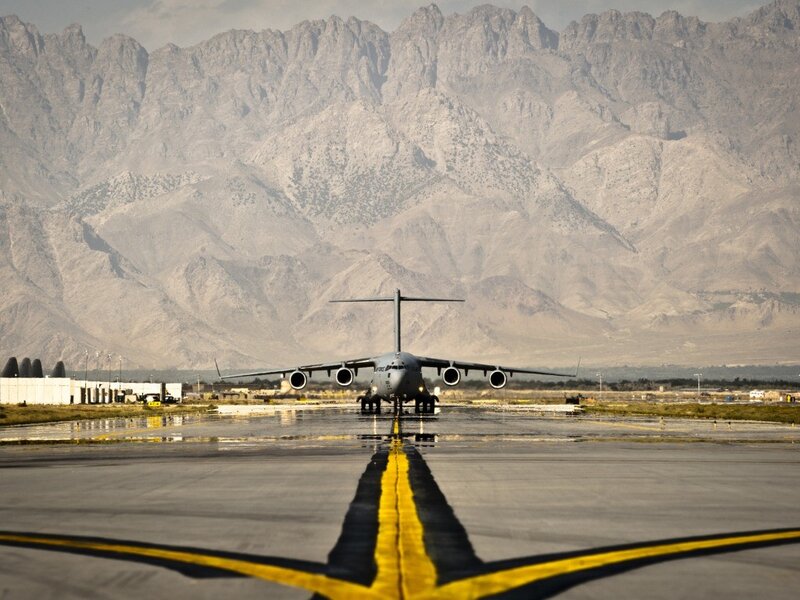Military transport plane on runway