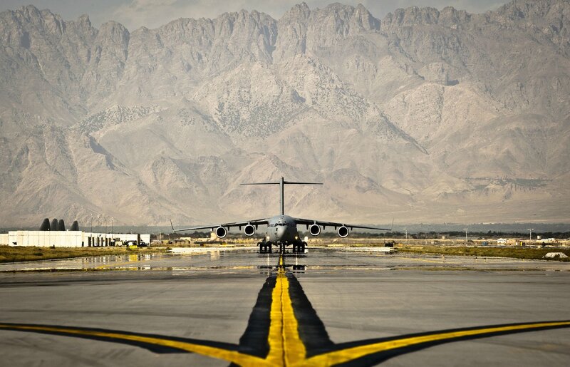 Military transport plane on runway