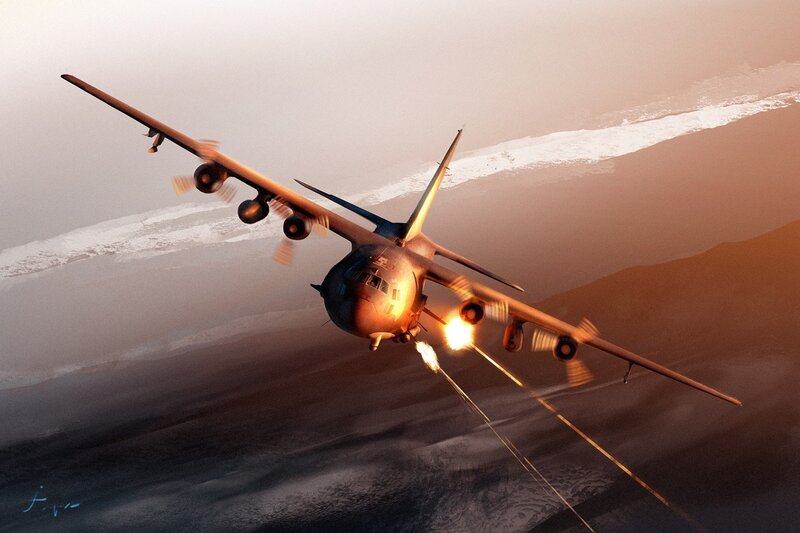 Military Transport Plane — Orange, Dramatic, Sunset, Digital Art