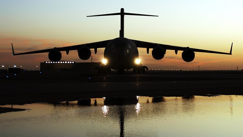 Military Transport Plane — Orange, Dramatic, Sunset