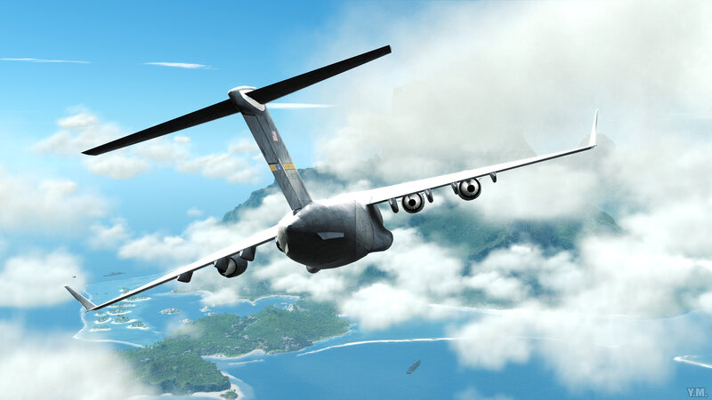 military transport plane over islands
