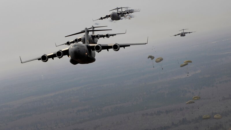 Military Transport Planes — Gray, Dramatic, Photograph, Parachutes